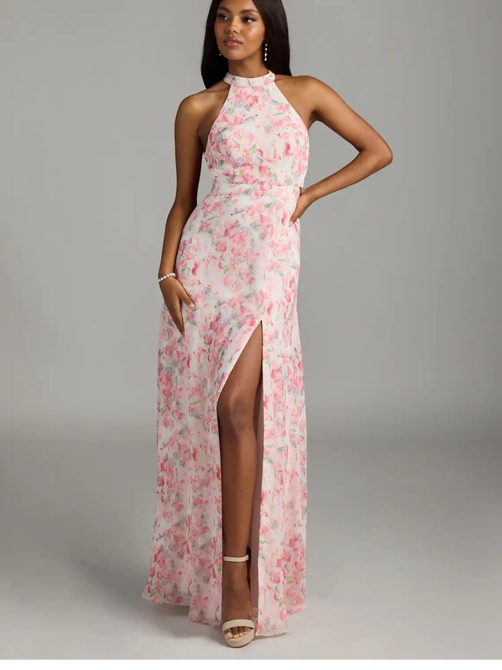 Azazie Pink Floral Halter Maxi Dress with High Slit